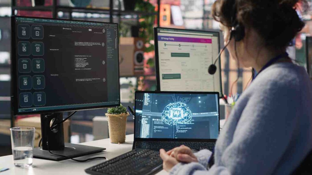 worker providing live chat support typing keyboard using ai chatbot 1